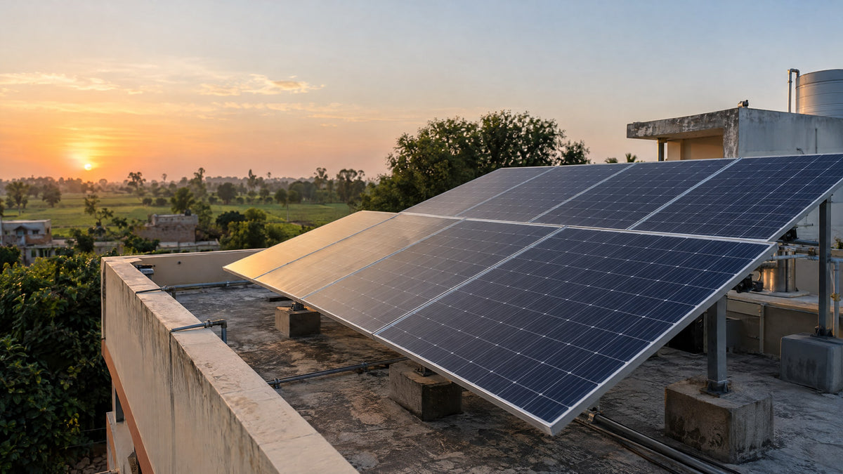 Solar panels on a rooftop in northern India at late afternoon